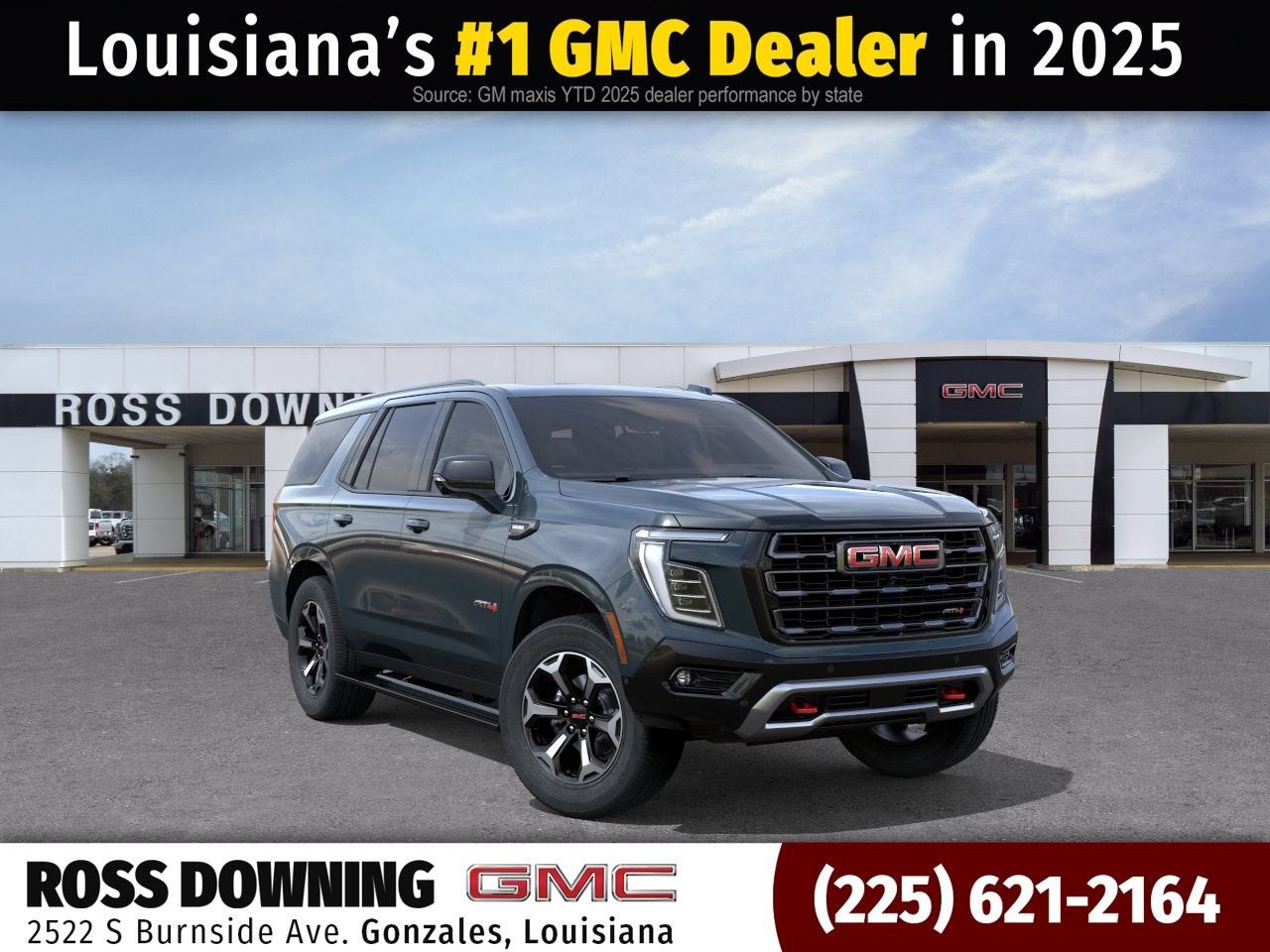 2026 GMC Yukon AT4 Ultimate in Midnight Pine — front three-quarter view